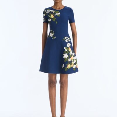 Oscar de la Renta Pear Print Jacquard Fit-and-Flare Knit Dress - Image 1