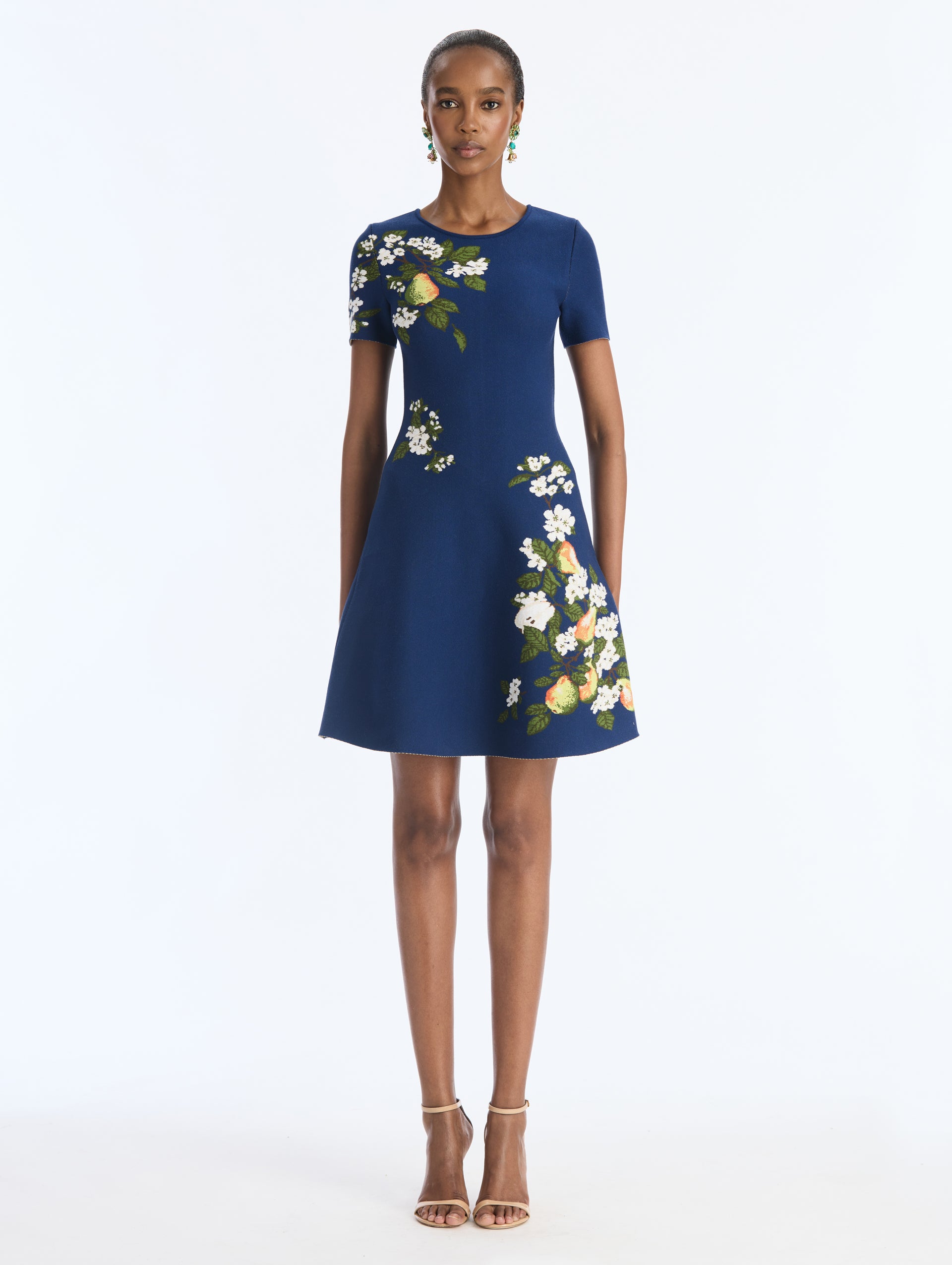 Oscar de la Renta Pear Print Jacquard Fit-and-Flare Knit Dress - Image 1