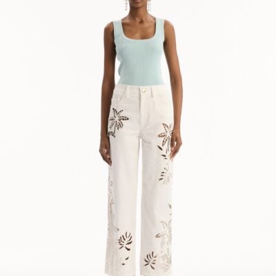 Oscar de la Renta Palm Leaves Cutout Denim Pant - Image 2