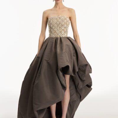 Oscar de la Renta Mother of Pearl Embroidered High-Low Gown - Image 2