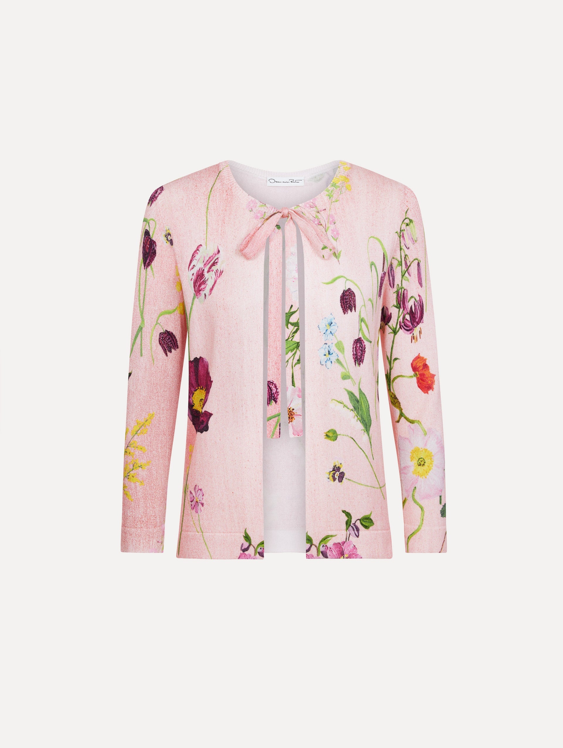 Oscar de la Renta Mixed Botanical Tie-Neck Cardigan - Image 1
