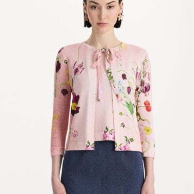 Oscar de la Renta Mixed Botanical Tie-Neck Cardigan - Image 2