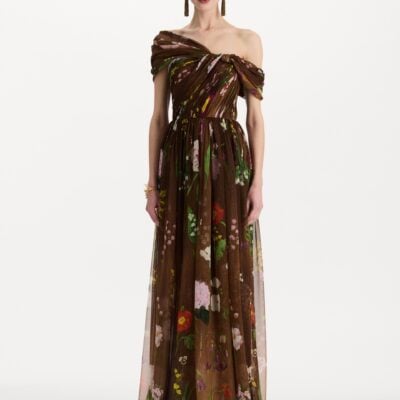 Oscar de la Renta Mixed Botanical Silk Chiffon Gown - Image 2