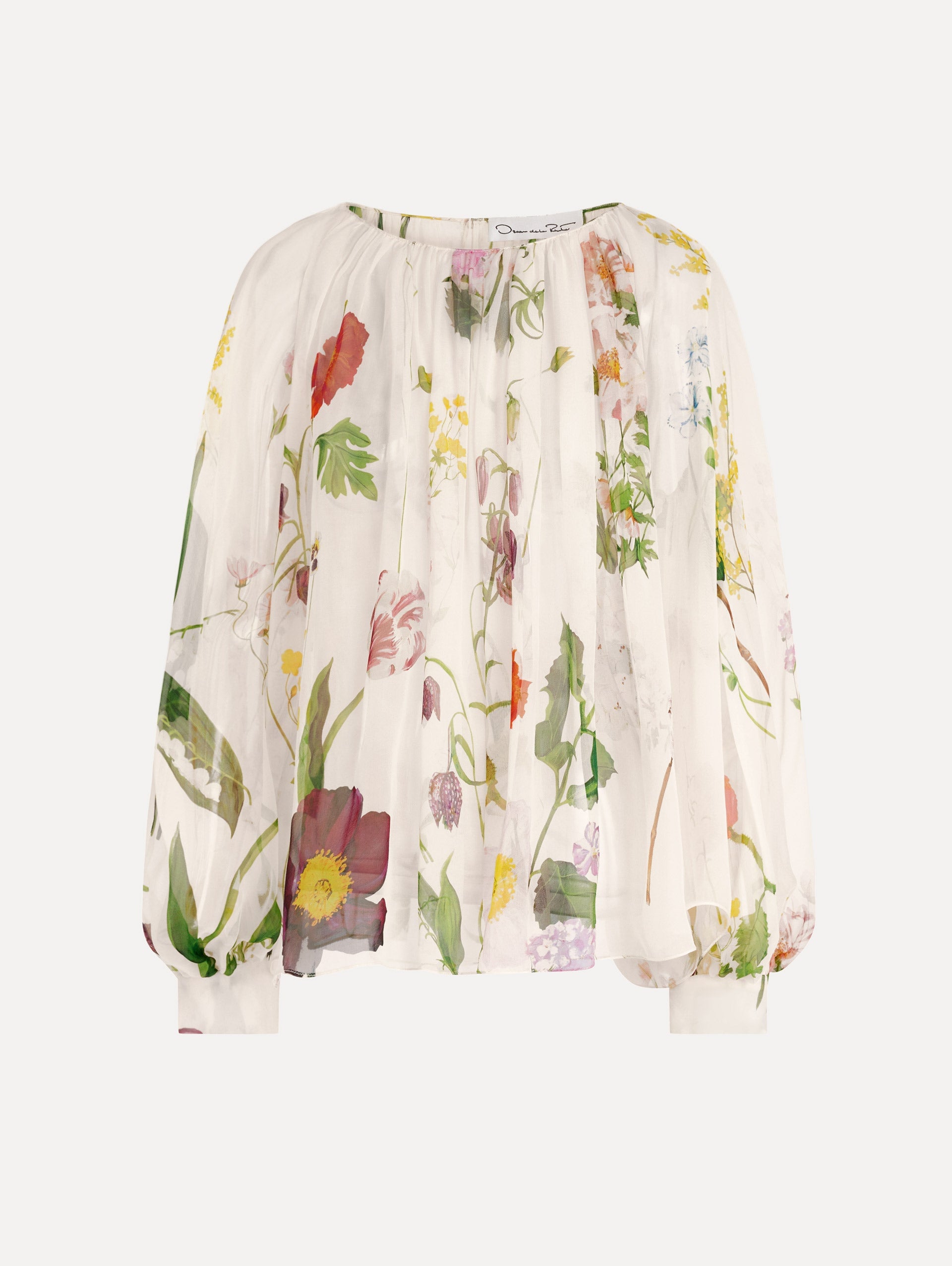 Oscar de la Renta Mixed Botanical Silk Chiffon Blouse - Image 1