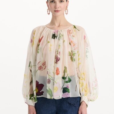 Oscar de la Renta Mixed Botanical Silk Chiffon Blouse - Image 2