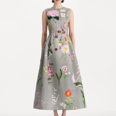 Oscar de la Renta Mixed Botanical Faille Cocktail Dress - Image 2