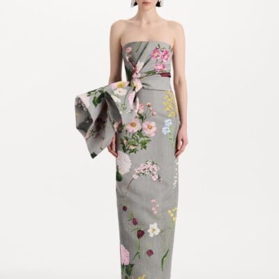 Oscar de la Renta Mixed Botanical Drape-Detailed Faille Gown - Image 2