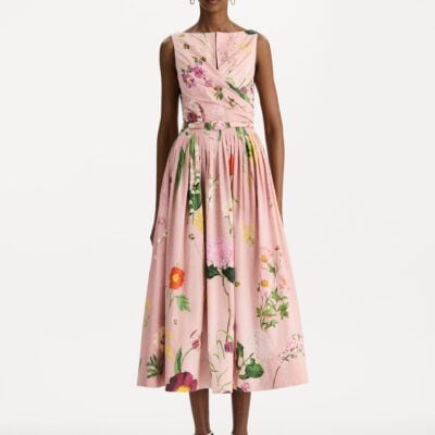 Oscar de la Renta Mixed Botanical Cotton Poplin Draped Dress - Image 2