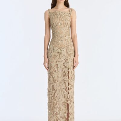 Oscar de la Renta Metallic Threadwork Floral Embroidered Gown - Image 1