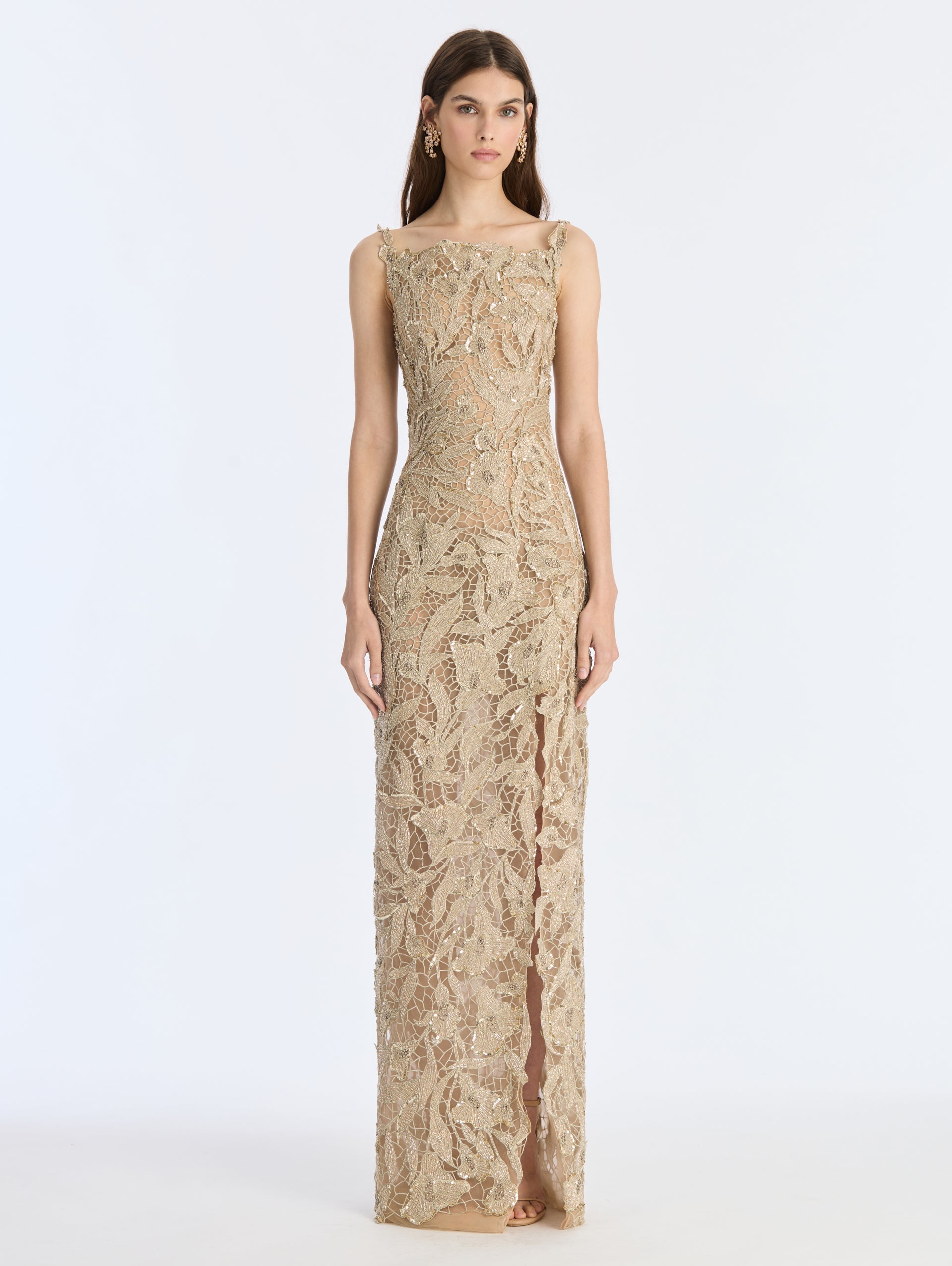 Oscar de la Renta Metallic Threadwork Floral Embroidered Gown - Image 1