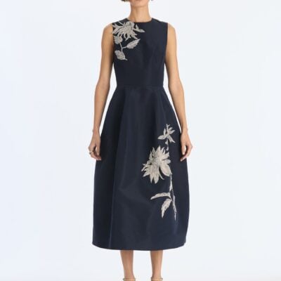 Oscar de la Renta Metallic Threadwork Floral Embroidered Dress - Image 1