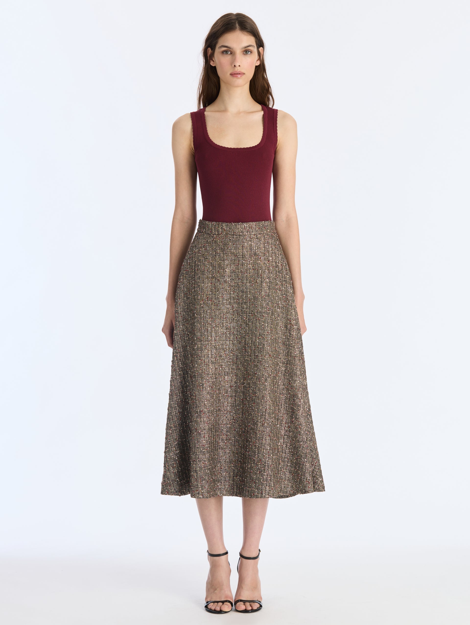 Oscar de la Renta Lurex Sequin Check Tweed Skirt - Image 1