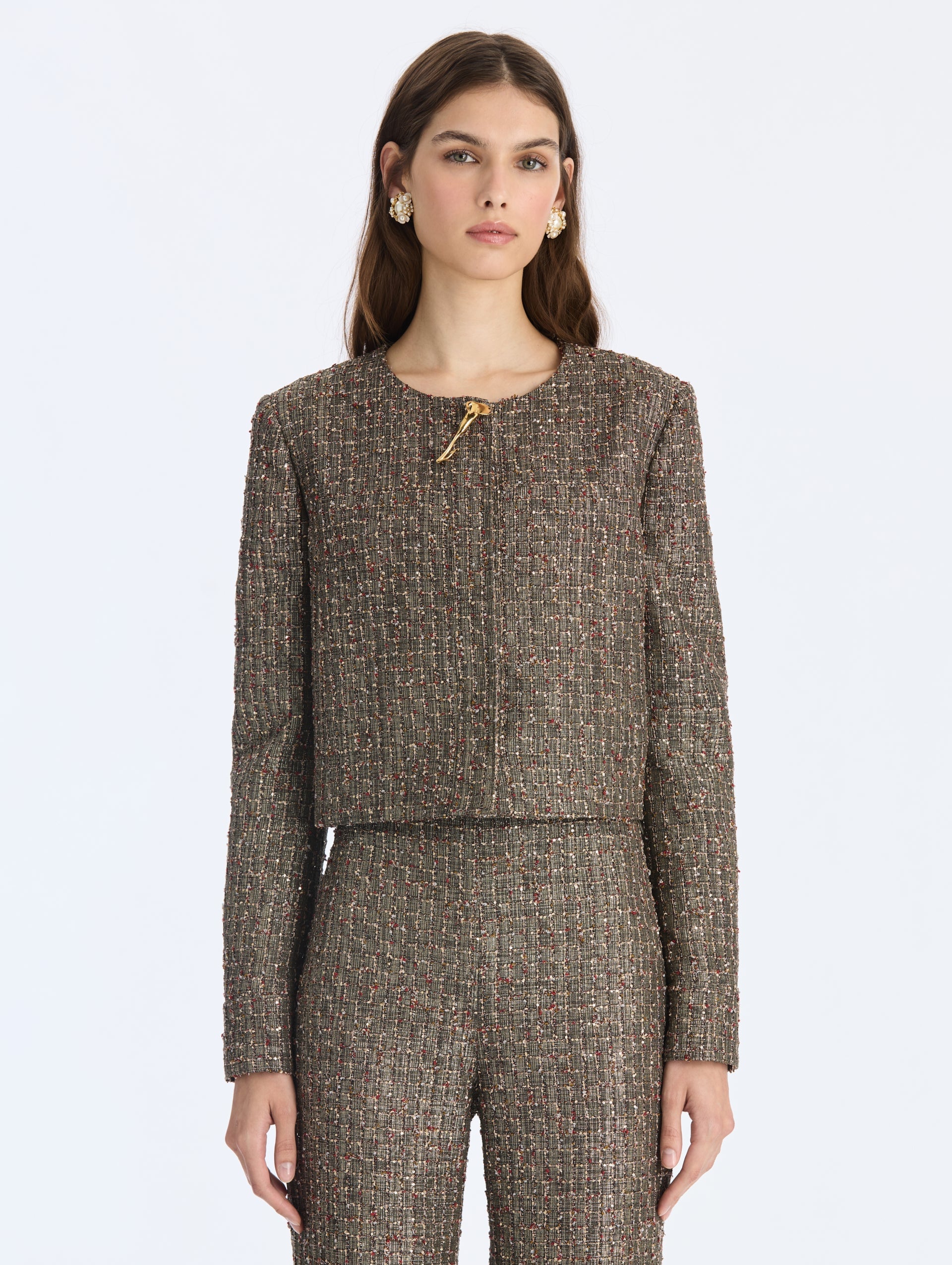 Oscar de la Renta Lurex Sequin Check Tweed Jacket - Image 1