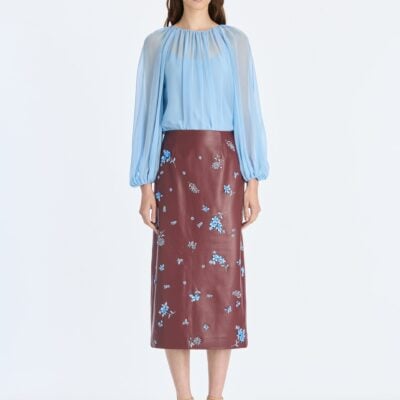 Oscar de la Renta Leather Embroidered Pencil Skirt - Image 1