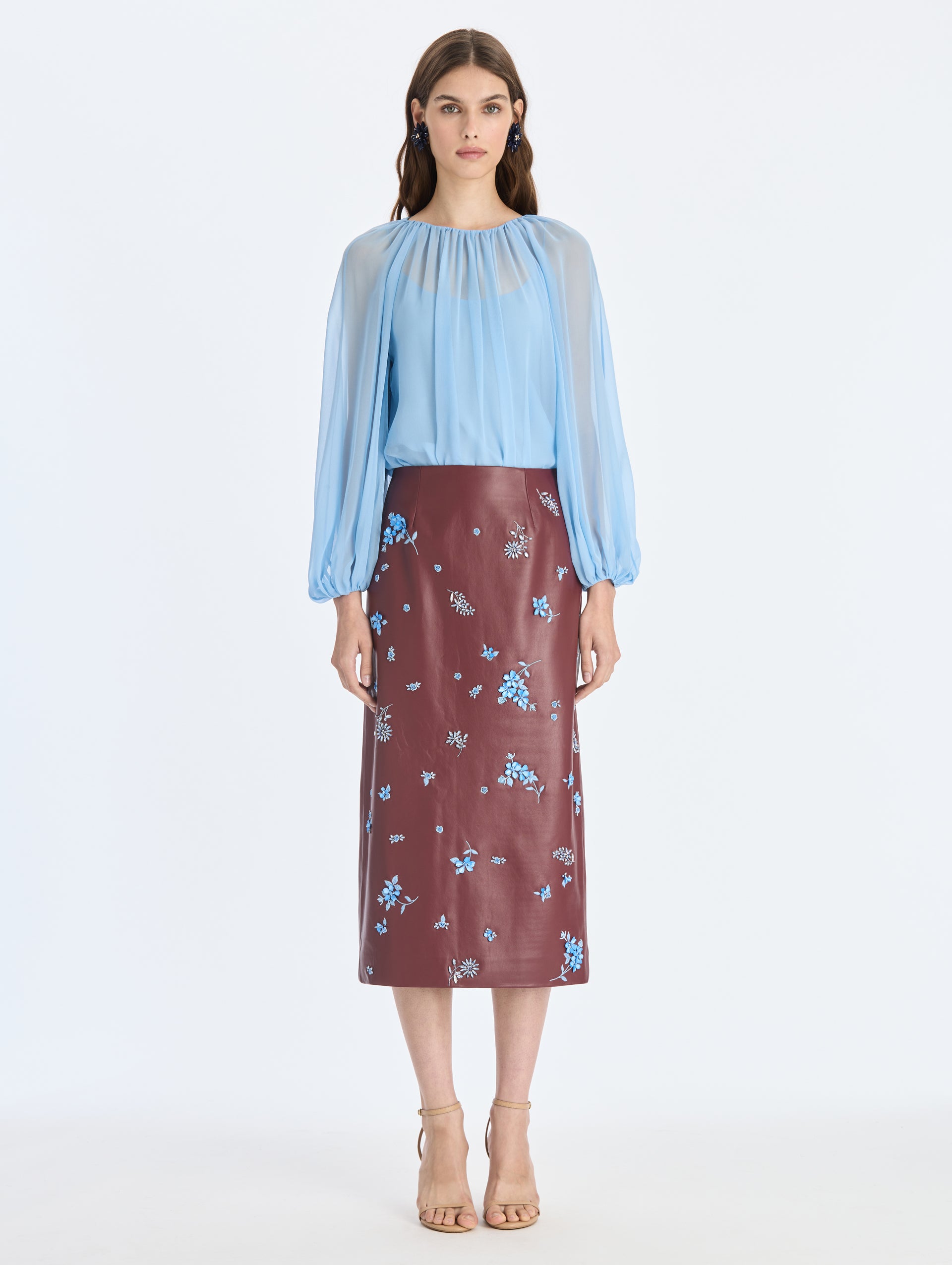 Oscar de la Renta Leather Embroidered Pencil Skirt - Image 1