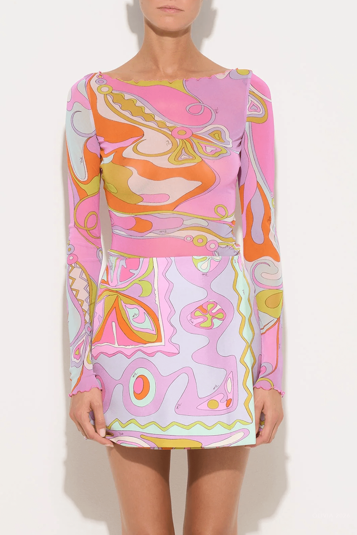 MNPUCC051026011114139_2 Pucci Orchidee-Print Long-Sleeve Tulle Top - Image 2