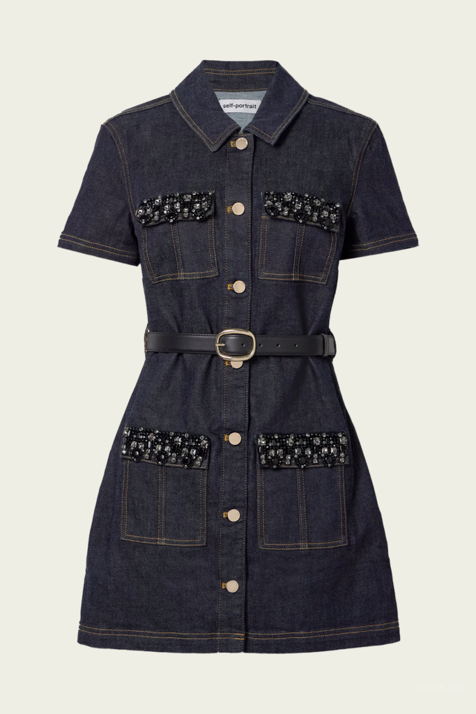 Self-Portrait Indigo Denim Crystal Trim Mini Dress - Image 1