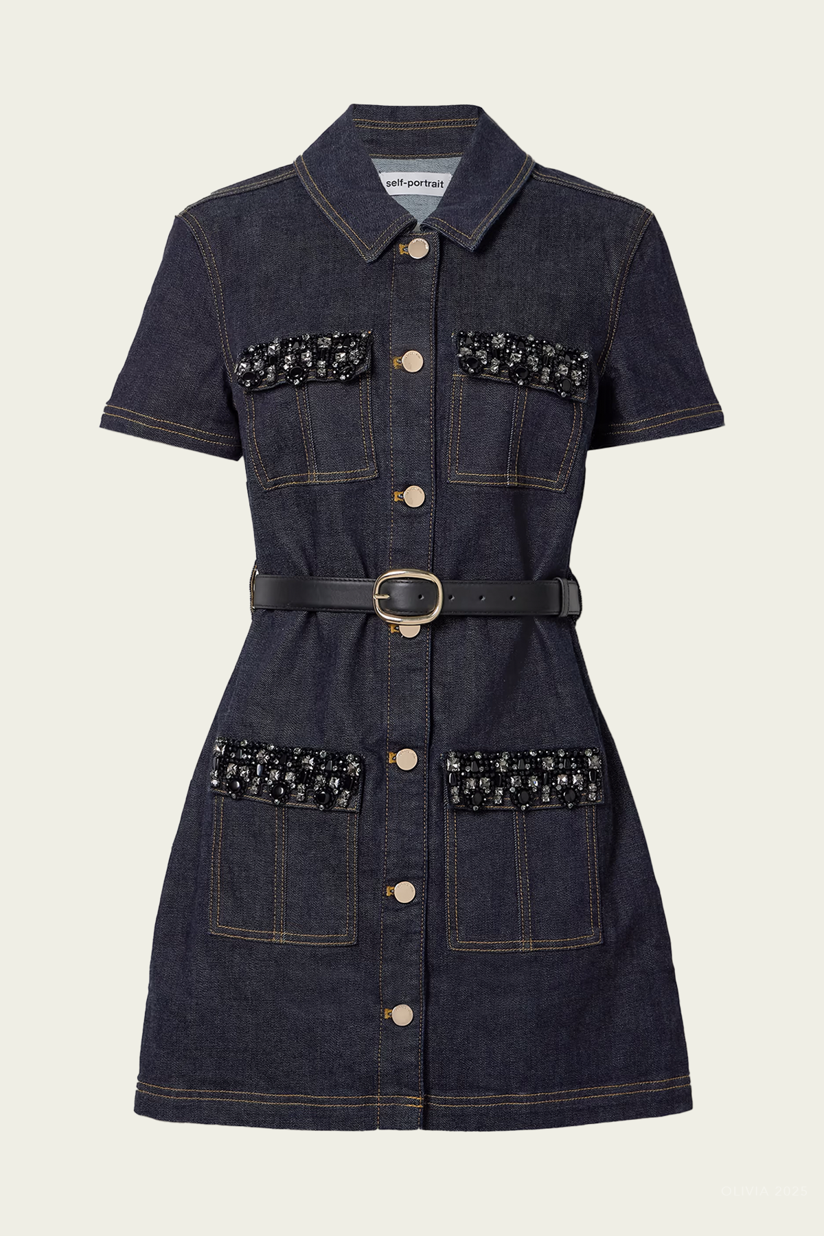 Self-Portrait Indigo Denim Crystal Trim Mini Dress - Image 1