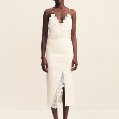 Shona Joy Toile Linen Lace Asymmetrical Midi Skirt - Image 1