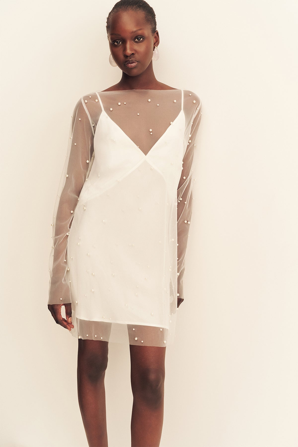 MNSJ051026010130030_2 Shona Joy Opaline Sheer Pearl Mini Dress - Image 2
