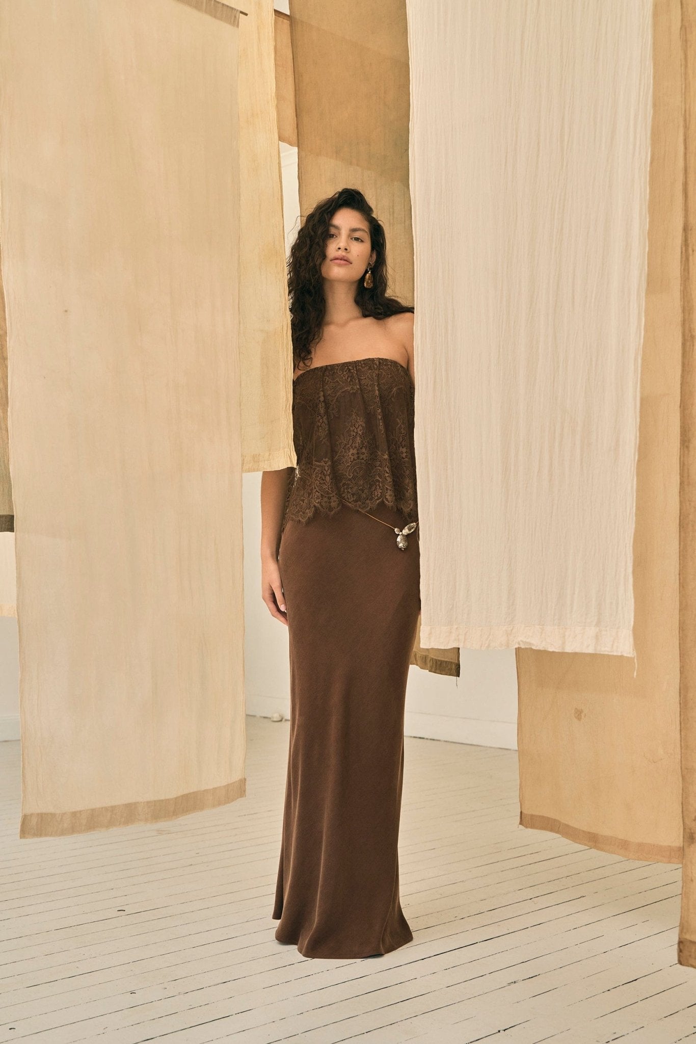 MNTFM051026020904037_2 Third Form Visions Lace Strapless Maxi Dress | Chocolate - Image 2