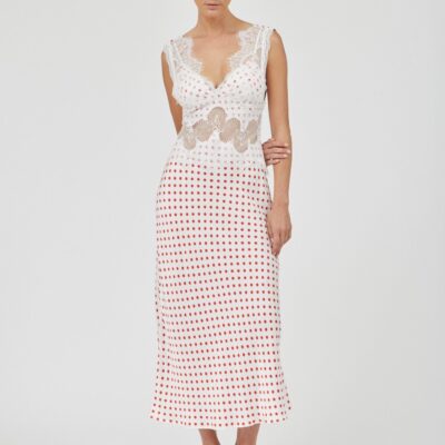 Third Form Visions Lace Deep V Maxi Dress | Red Polka Dot - Image 1