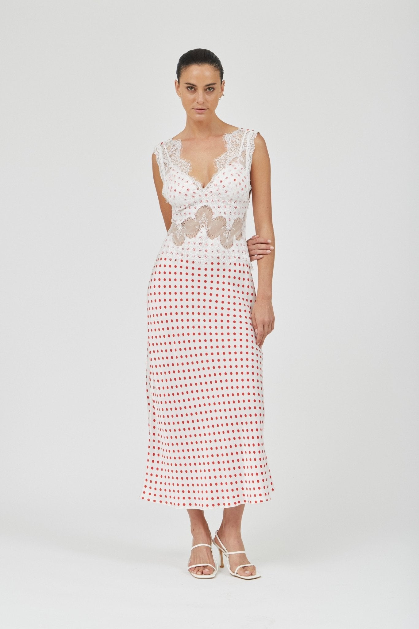Third Form Visions Lace Deep V Maxi Dress | Red Polka Dot - Image 1