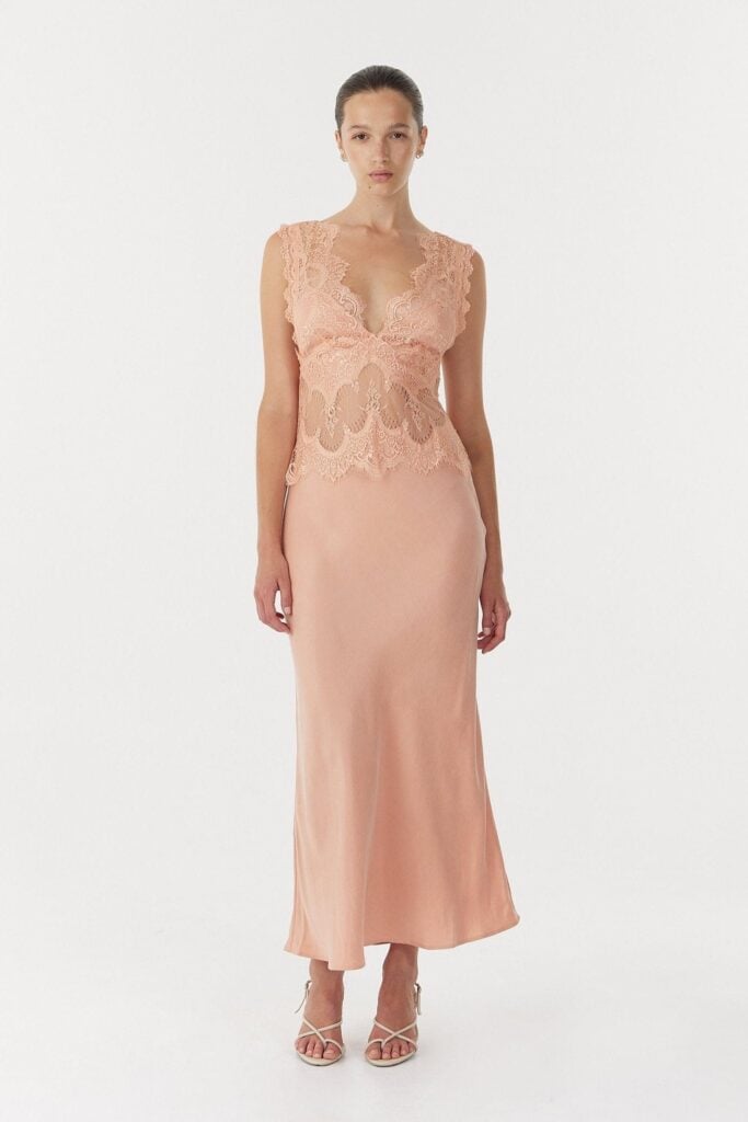 Third Form Visions Lace Deep V Maxi Dress | Coral - Image 1