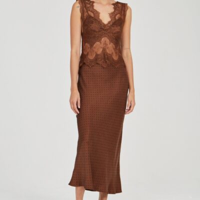Third Form Visions Lace Deep V Maxi Dress | Chocolate Polka Dot - Image 1