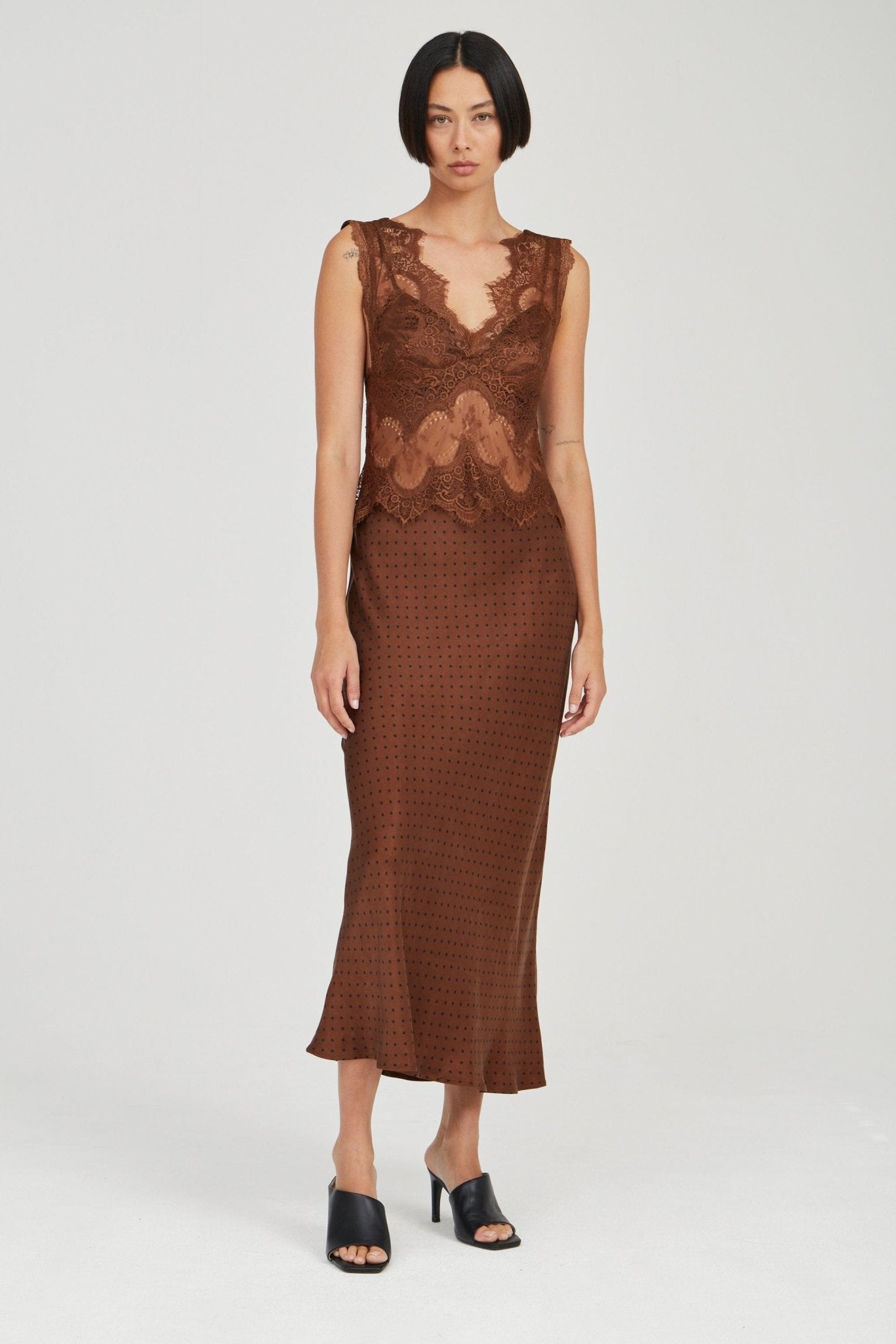 Third Form Visions Lace Deep V Maxi Dress | Chocolate Polka Dot - Image 1
