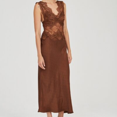 Third Form Visions Lace Deep V Maxi Dress | Chocolate Polka Dot - Image 2