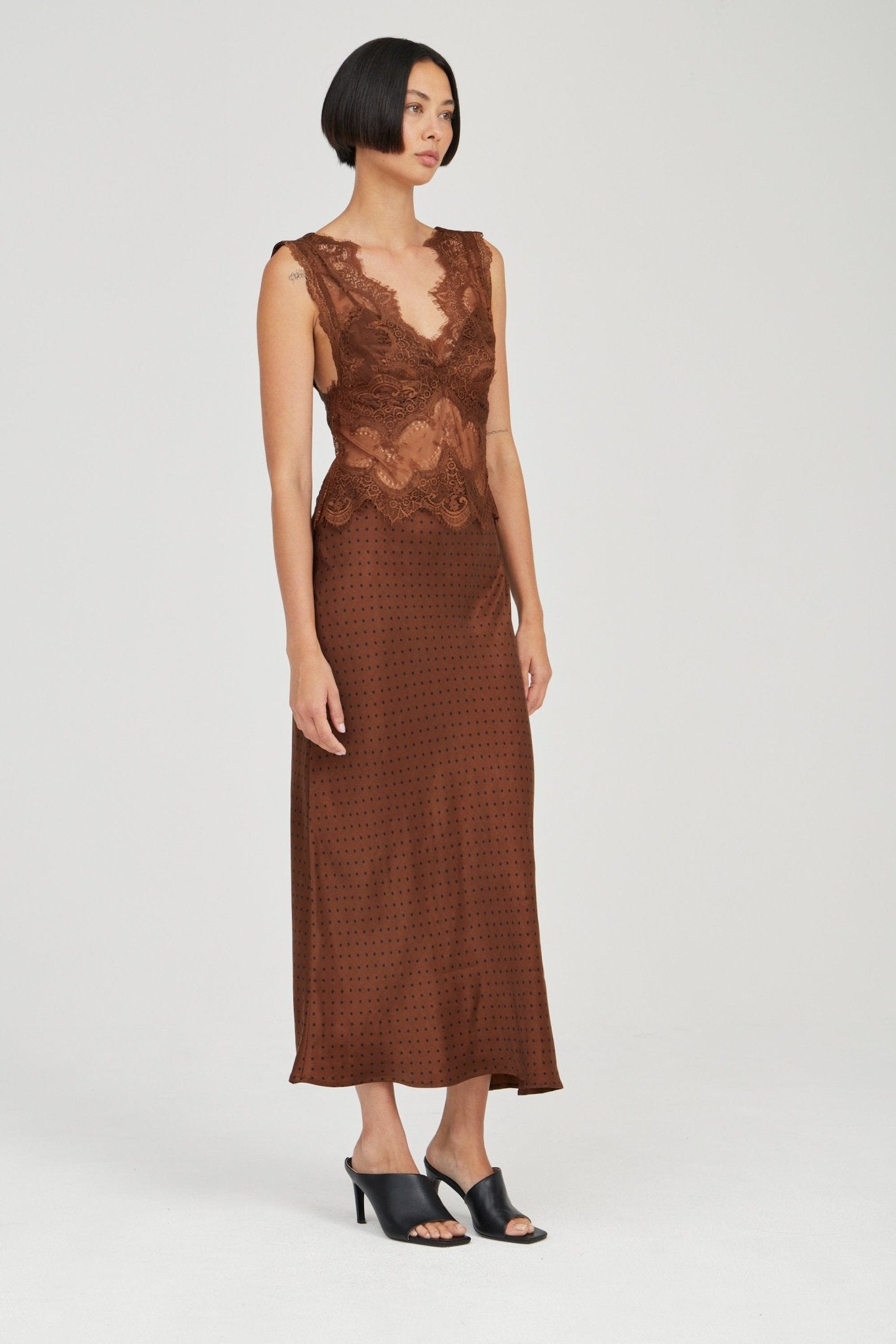 MNTFM051026020904084_2 Third Form Visions Lace Deep V Maxi Dress | Chocolate Polka Dot - Image 2