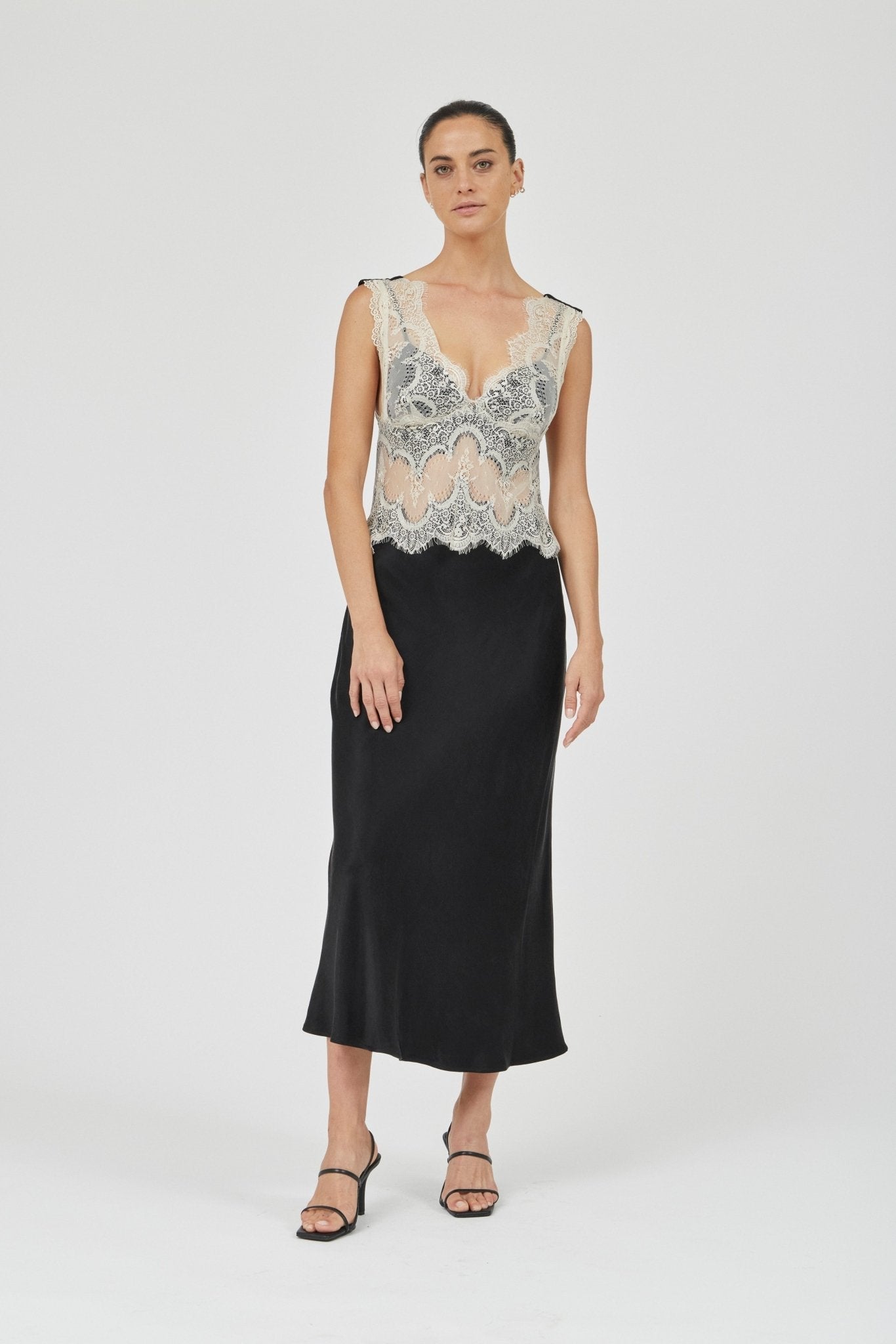 Third Form Visions Lace Deep V Maxi Dress | Buttercream & Black - Image 1