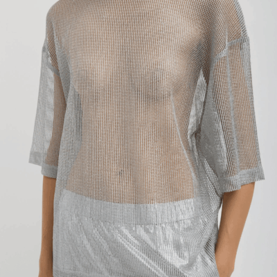 Tibi Viscose Metallic Mesh Easy T-Shirt - Image 2