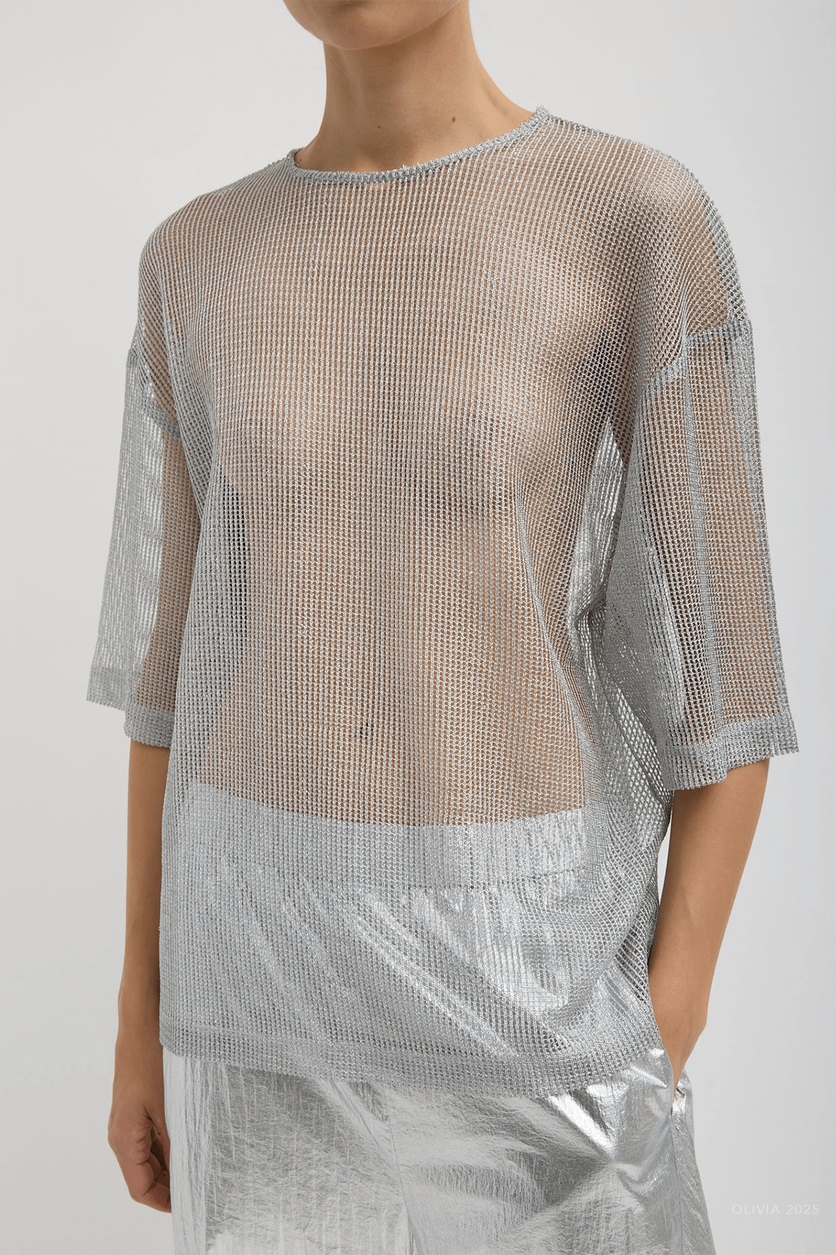 MNTIBI041026050625388_2 Tibi Viscose Metallic Mesh Easy T-Shirt - Image 2