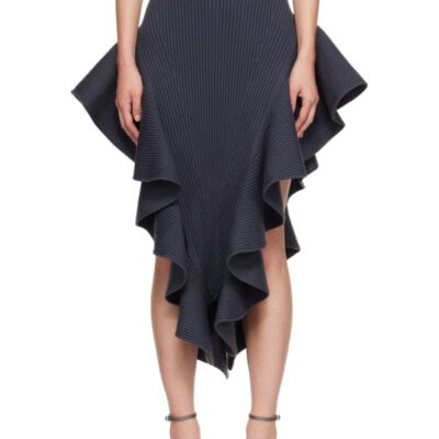 Alaïa Gray Ribbed Ruffle Midi Skirt