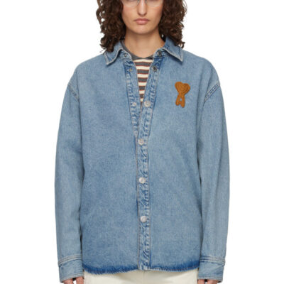 AMI Paris Blue Cotton Knitted Ami de Coeur Denim Overshirt
