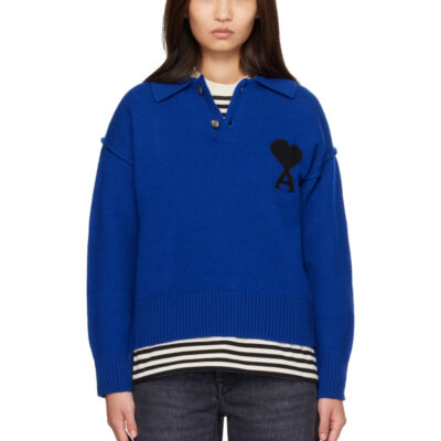 AMI Paris Blue Wool Ami de Coeur Polo