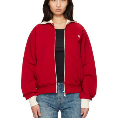 AMI Paris Red Zipped Cotton Ami de Coeur Sweatshirt
