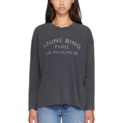 Anine Bing Black Ivan Long Sleeve 'Paris' Stencil T-shirt