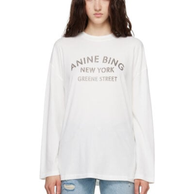 Anine Bing White Ivan Long Sleeve 'New York' Stencil T-shirt