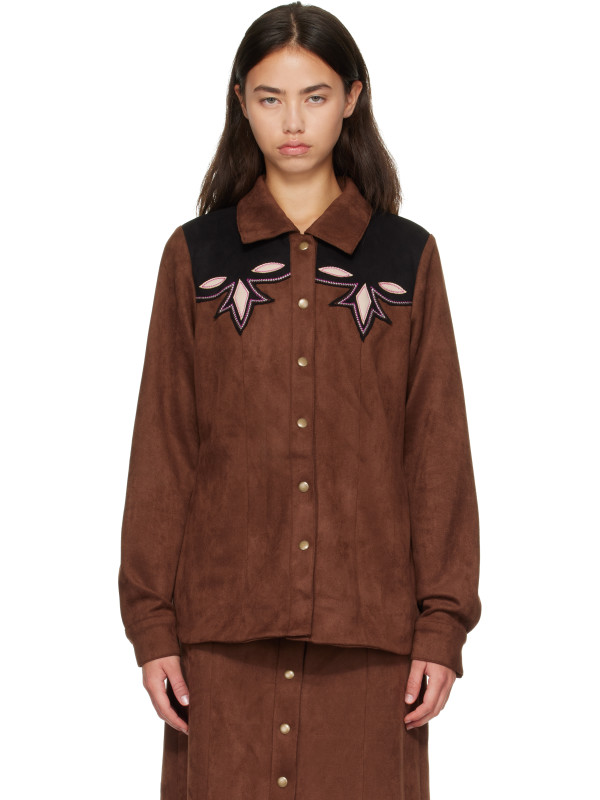 Anna Sui Brown Faux-Suede Appliqué Overshirt