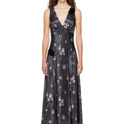 Anna Sui Gray Floral Appliqué Maxi Dress