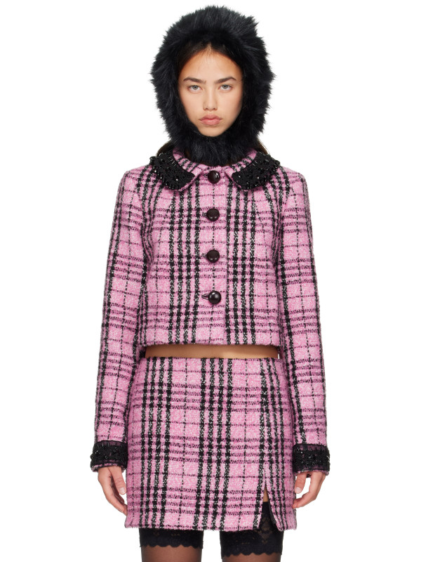 Anna Sui Pink Plaid Beaded Jacket