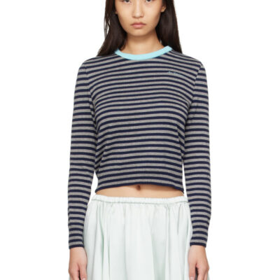 Ans Dostoevner Gray & Navy Knitted Striped Long Sleeve Sweater