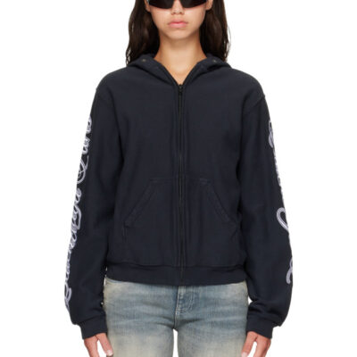 Balenciaga Black Cursive Zip-Up Regular Fit Hoodie