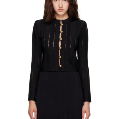 Balmain Black Cropped Fléchage Knit Cardigan