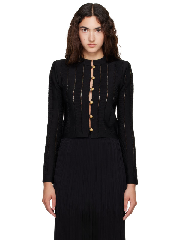 Balmain Black Cropped Fléchage Knit Cardigan