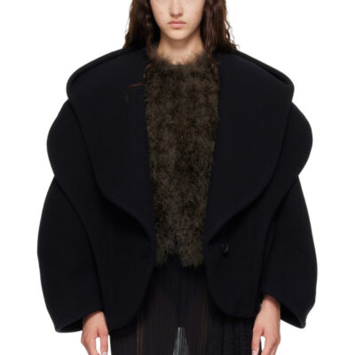 Balmain Black Oversized Wool Hood Pea Coat