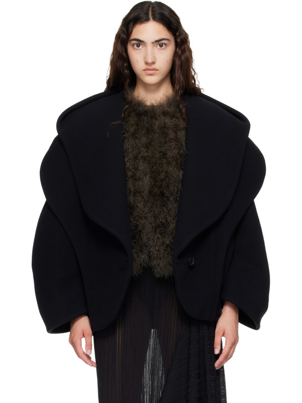 Balmain Black Oversized Wool Hood Pea Coat